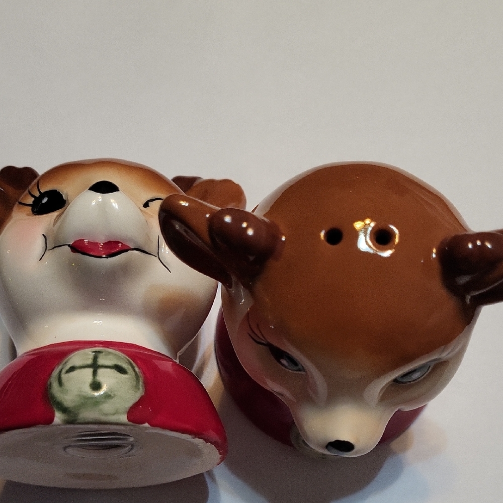 Ceramic Deer Salt and Pepper Shakers - Brown and Red
